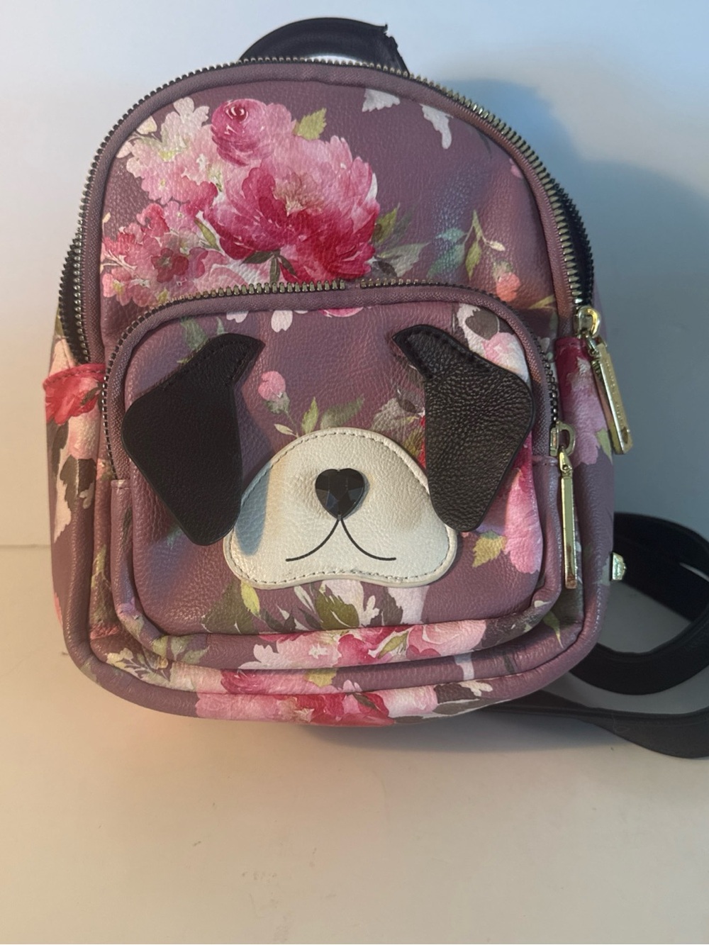 Betsey Johnson Floral Puppy Face Mini Backpack - Purple Pink